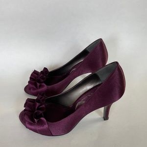Nina Eggplant Satin Peep Toe Pumps